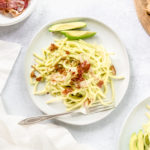 Avocado Bucatini with shallots and prosciutto