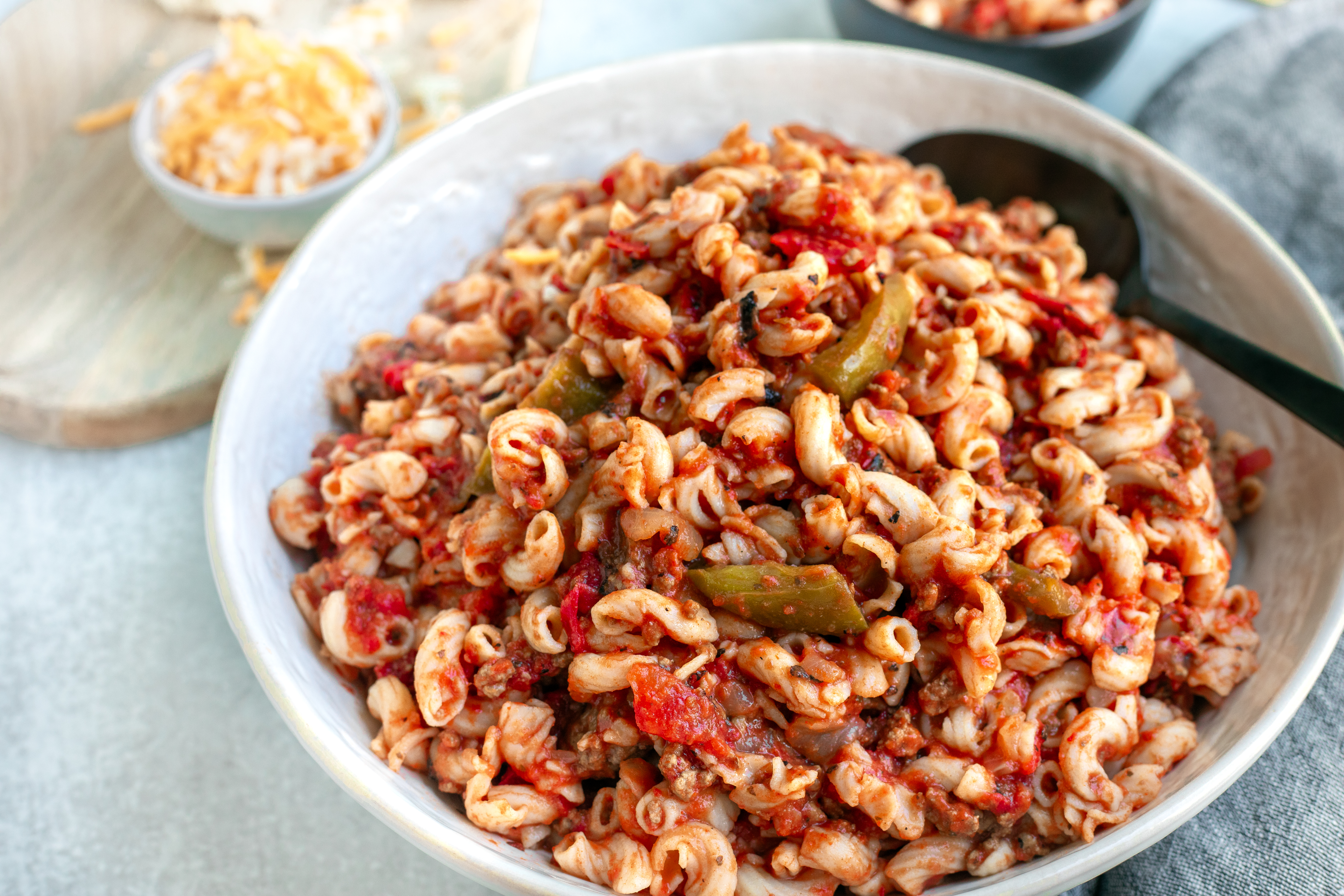 easy instant pot american goulash in a white bowl