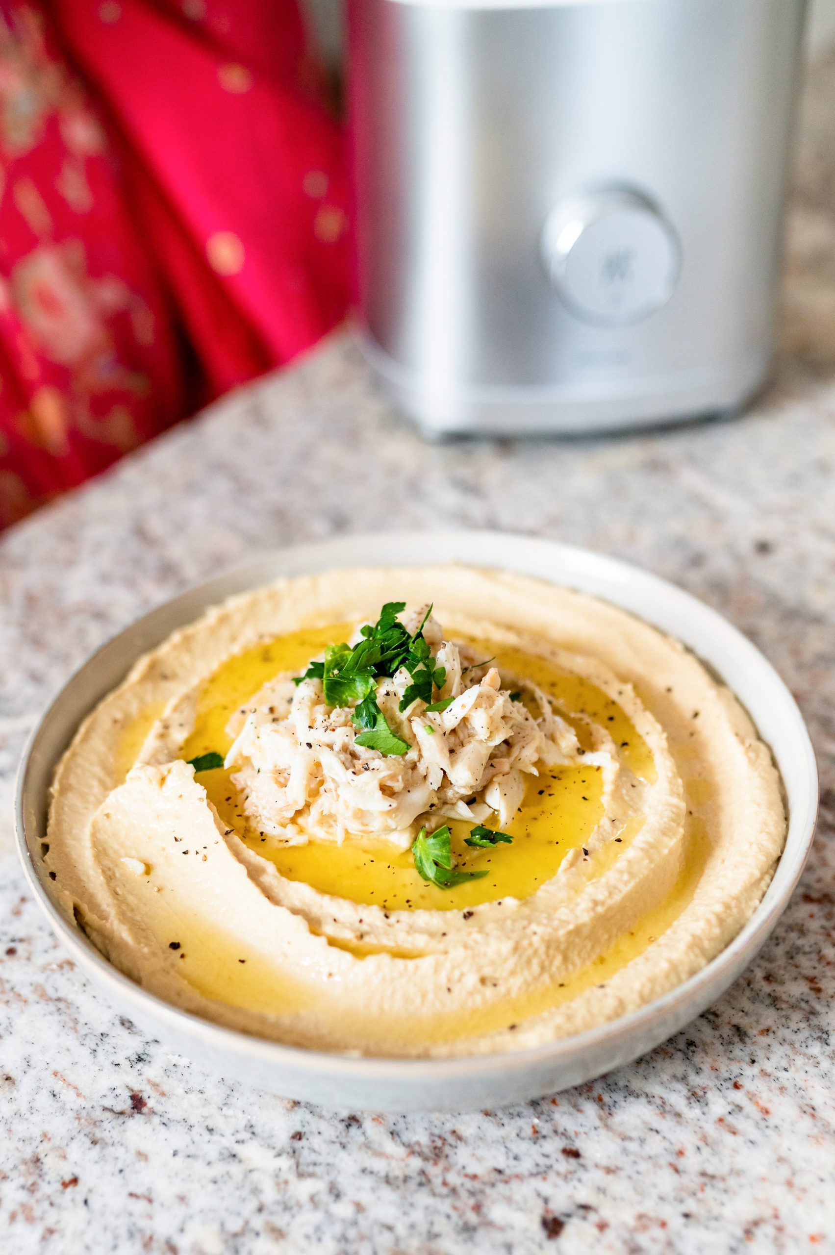 lemon hummus with butter poached crab