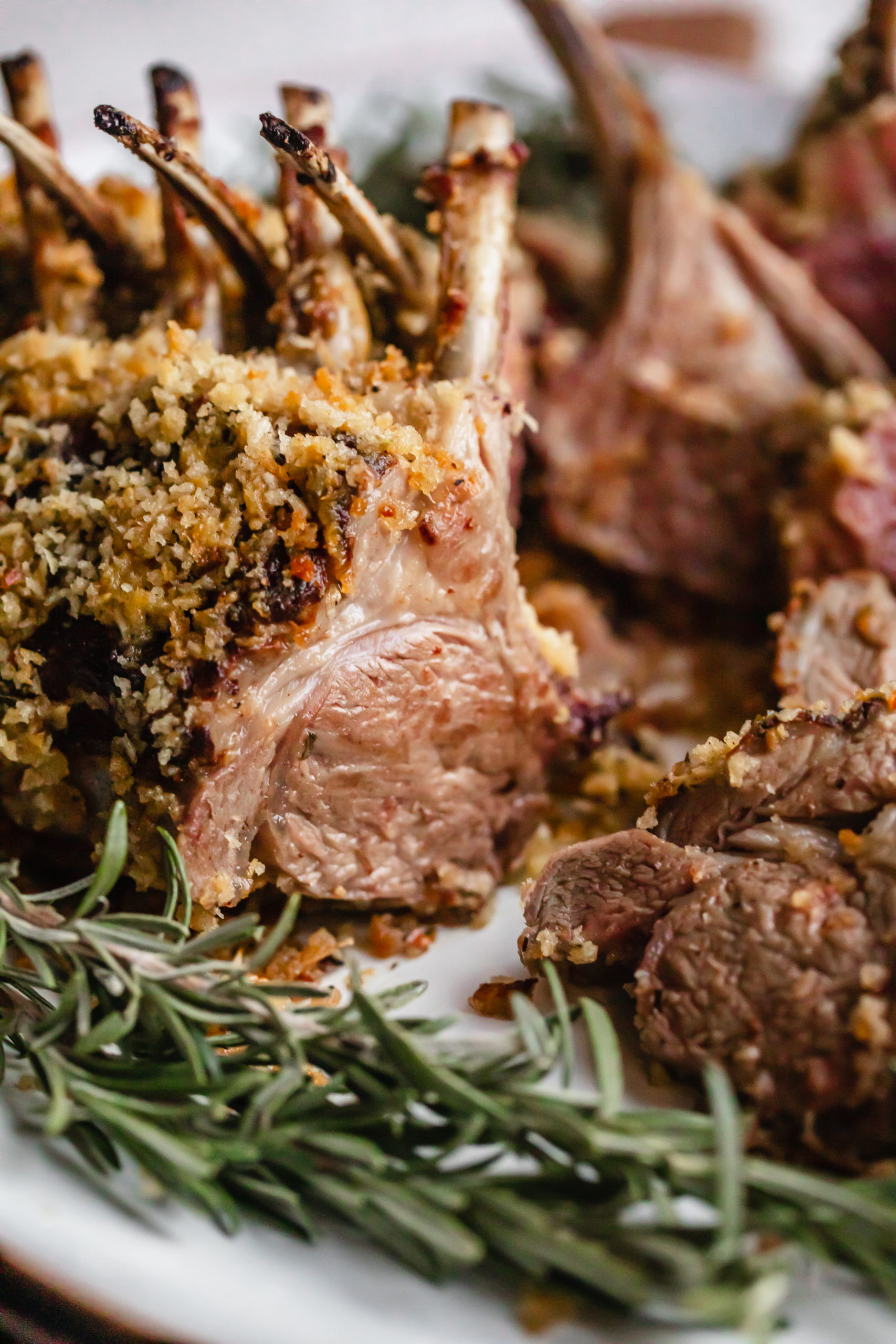 panko crusted lamb rack in a plate with rosemary on the side