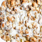 cinnamon roll casserole in a white dish