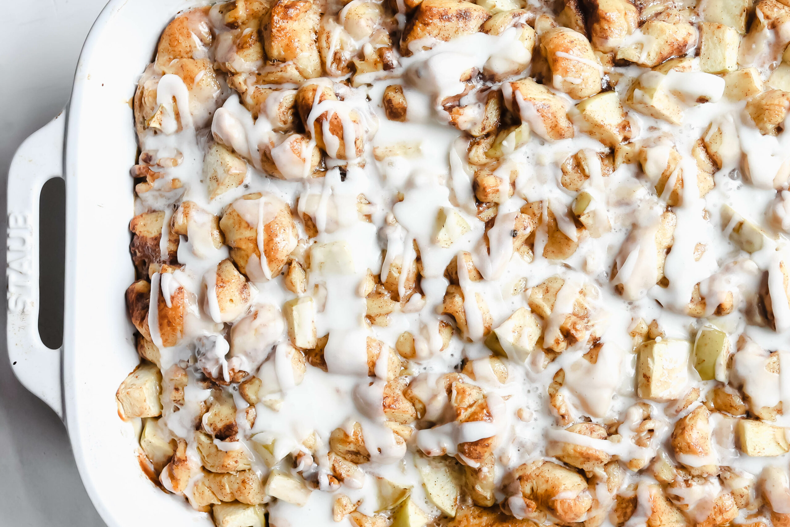 cinnamon roll casserole in a white dish